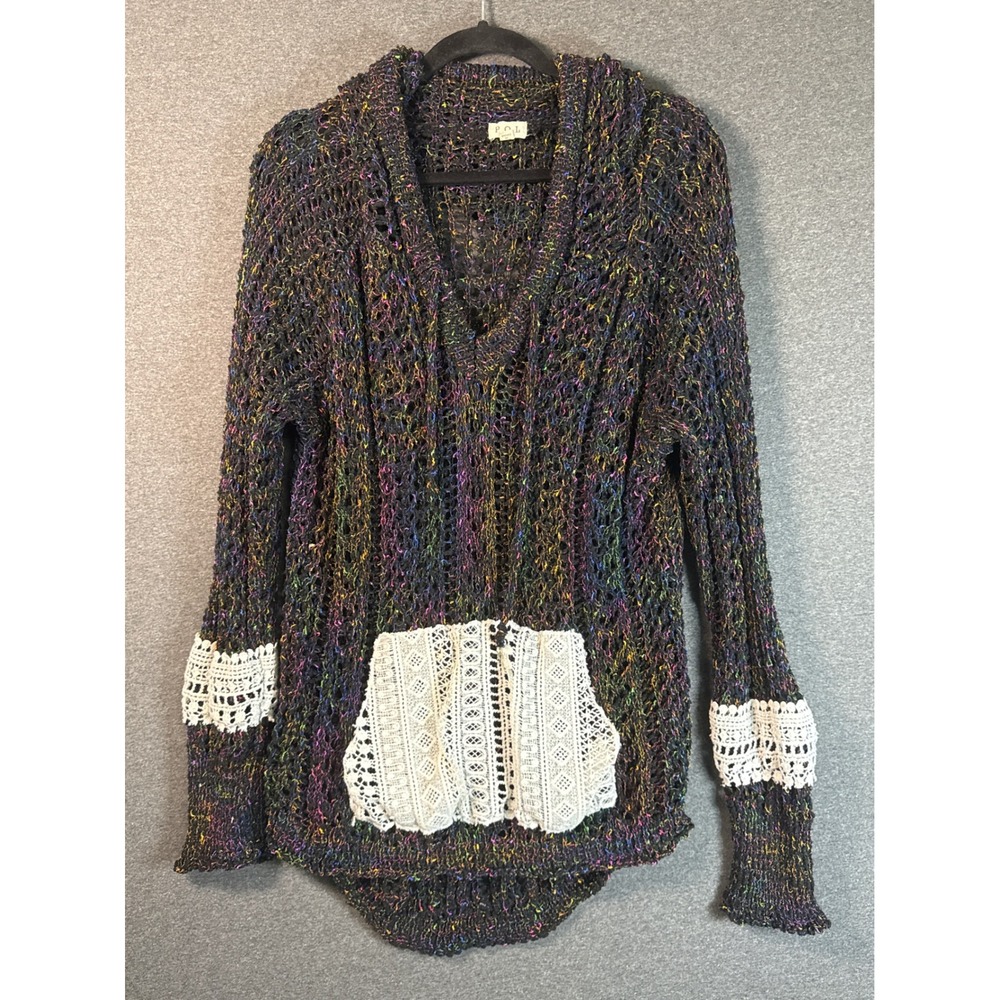 POL Clothing Multi Color Space Dye Open Knit Lace Trim Hoodie Sweater 2XL Boho